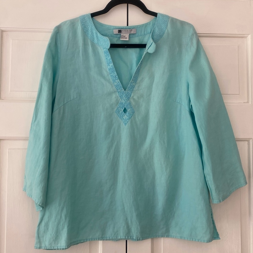 Carole Little 100% Linen Blue Beaded Three Quarter Sleeve Blouse Size Large‎